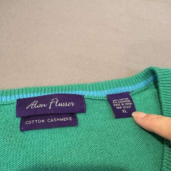 Mens XL Alan Flusser Cotton Cashmere V neck sweater green pullover Christmas - Picture 4 of 6